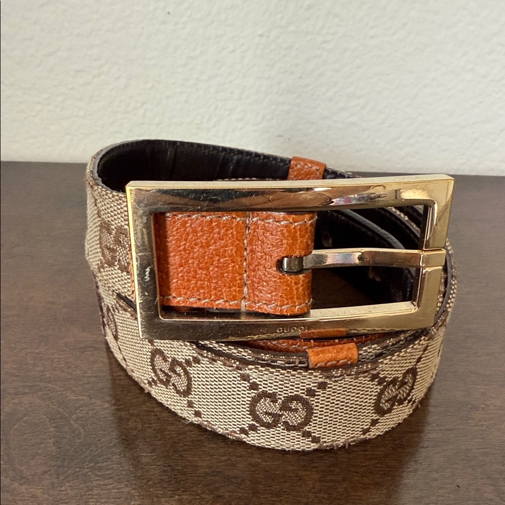 Gucci Monogram Belt - Size 90 - Cognac Leather and Canvas
